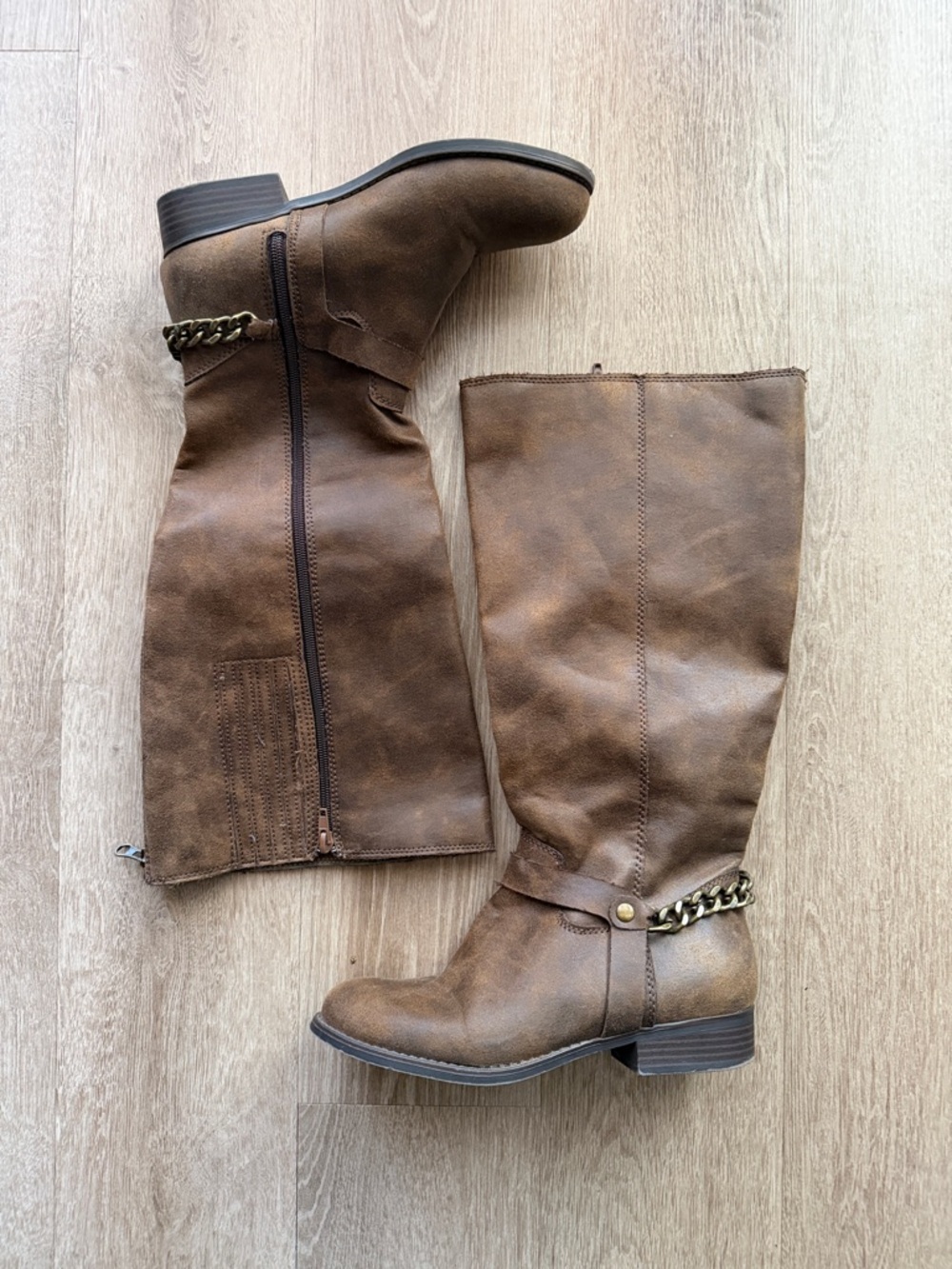 Plus Size Brown Faux-Leather Over-the-Knee Boots with Bronze Chain Detail